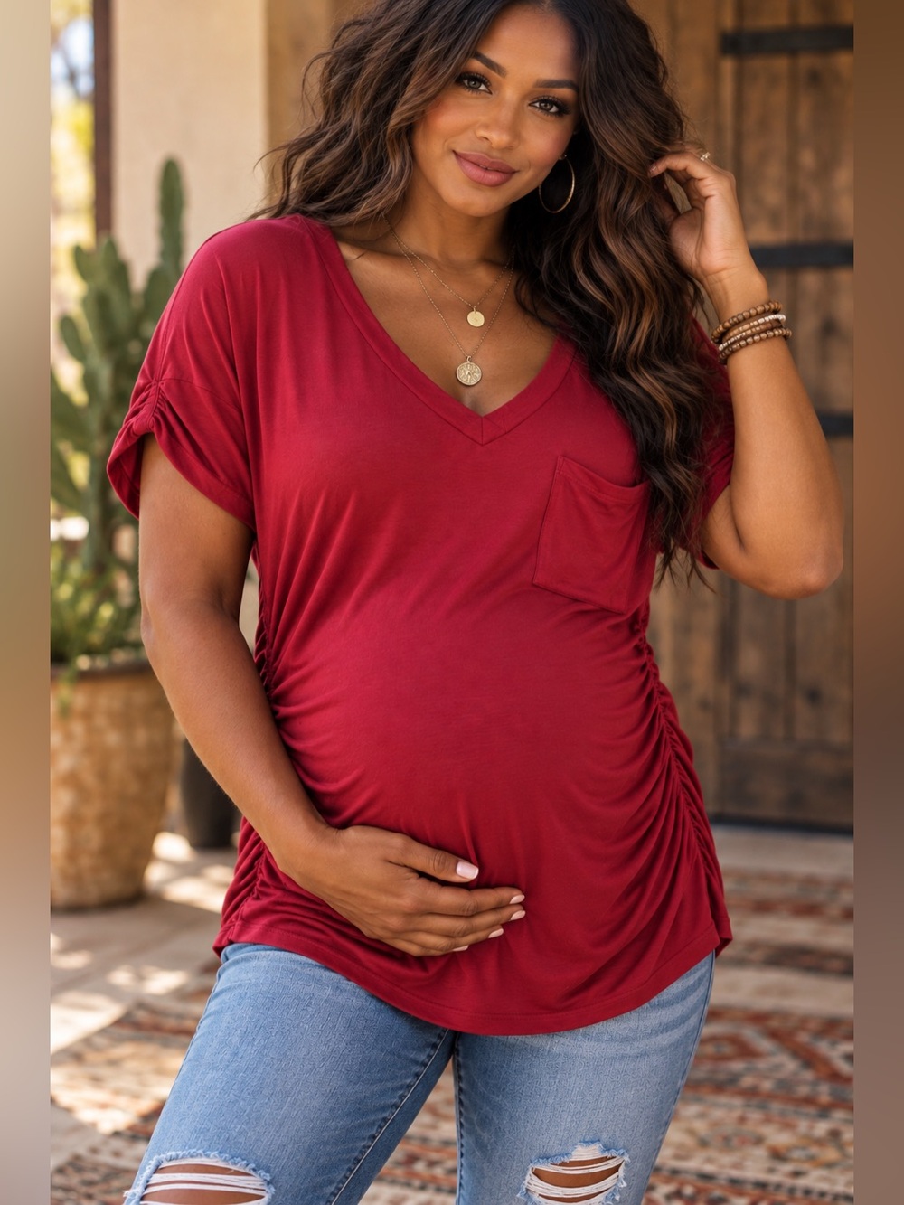 Maternity XL Berry Red Ruched Side V Neck Pocket Top Stretchy